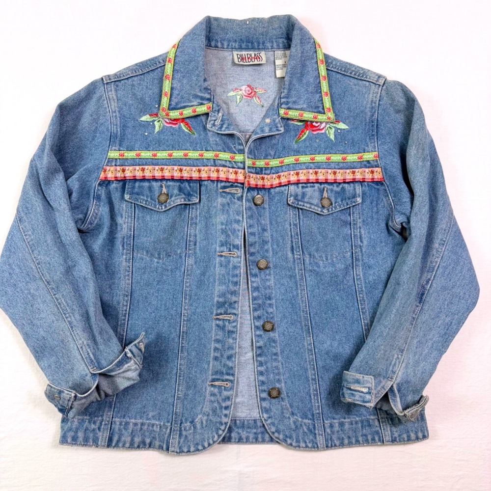 Bill Blass Denim Jacket Womens Small Blue Floral Embroidered Ribbon Cottagecore